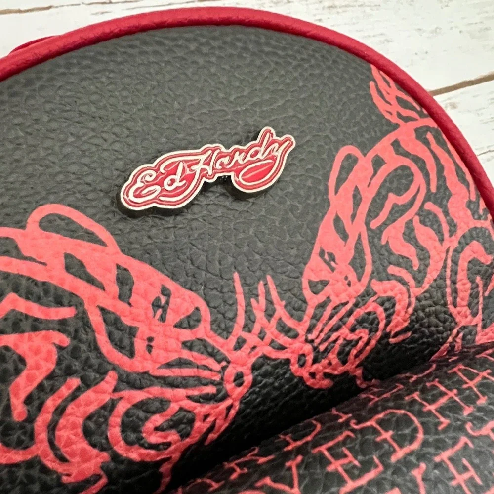 Ed Hardy NWT Sling Backpack Red Black Tattoo Print Cat Out of Hell OS